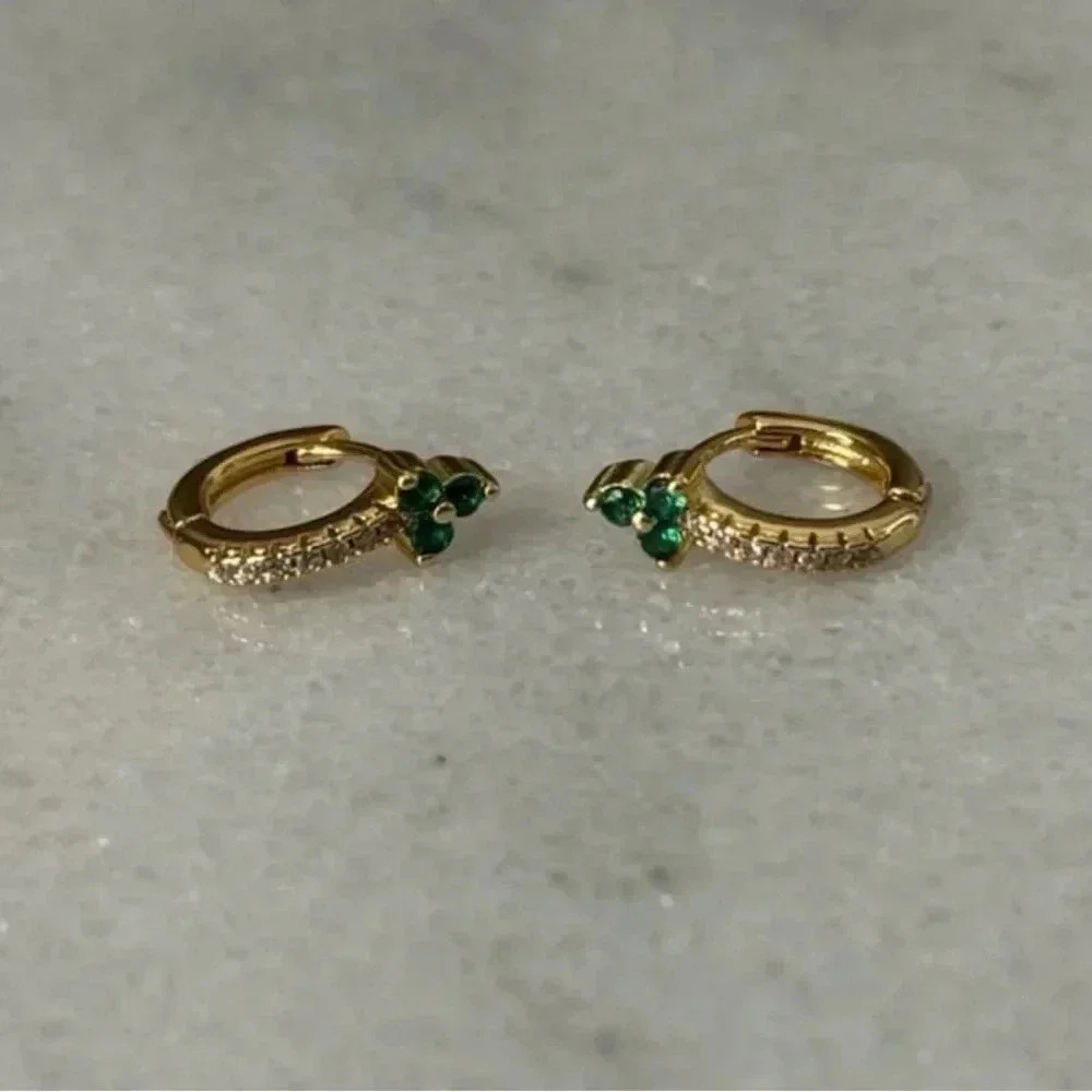 Gold Green Crystal Flower Huggie Hoop Earrings 

Brand New
